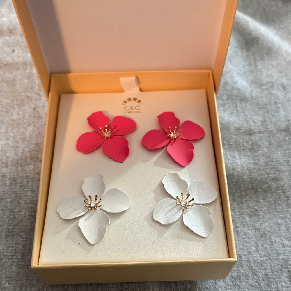 C.C Floral Earrings Set - Vibrant Pink and Classic White